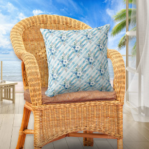 Coussin Fleurs aquarelles bleues et rayures diagonales Côt