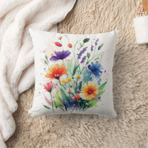 Coussin Fleurs aquarelles orange violet rouge bleu