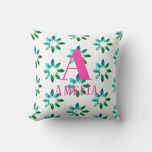 Coussin Fleurs aquarelles rétro vert monogramme rose vif (Recto)