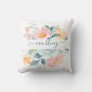 Coussin Fleurs aquarelles rose et orange personnalisées
