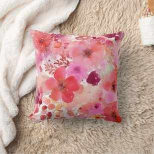 Coussin Fleurs aquarelles rose rouge