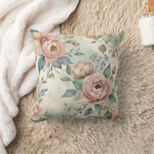 Coussin Fleurs aquarelles roses et vertes shabby vintage