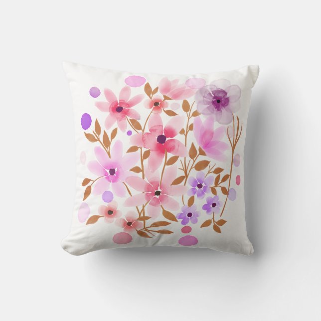 Coussin Fleurs Aquarelles Roses Et Violettes (Recto)
