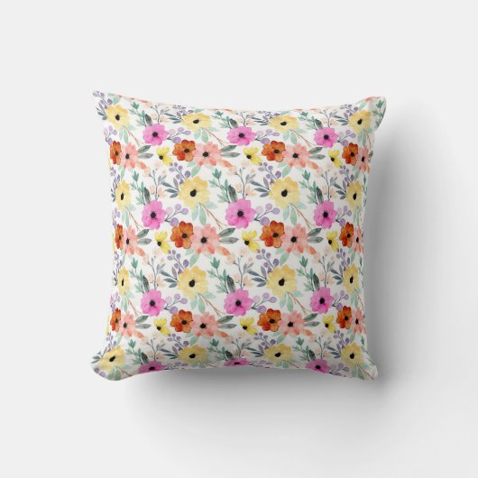 Coussin Fleurs aquarelles roses, rouges et jaunes (Recto)