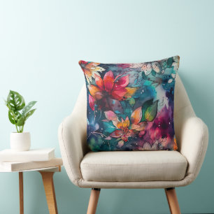 Coussin Fleurs aquarelles sarcelles orange gras