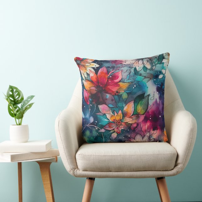Coussin Fleurs aquarelles sarcelles orange gras (Chaise)