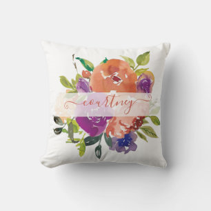 Coussin Fleurs aquarelles violettes et orange personnalisé