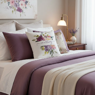 Coussin Fleurs aquarelles violettes et rouges personnalisé