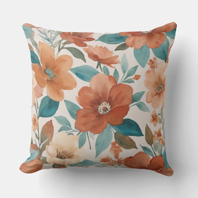 Coussin Fleurs beige, turquoise et rouille (Recto)