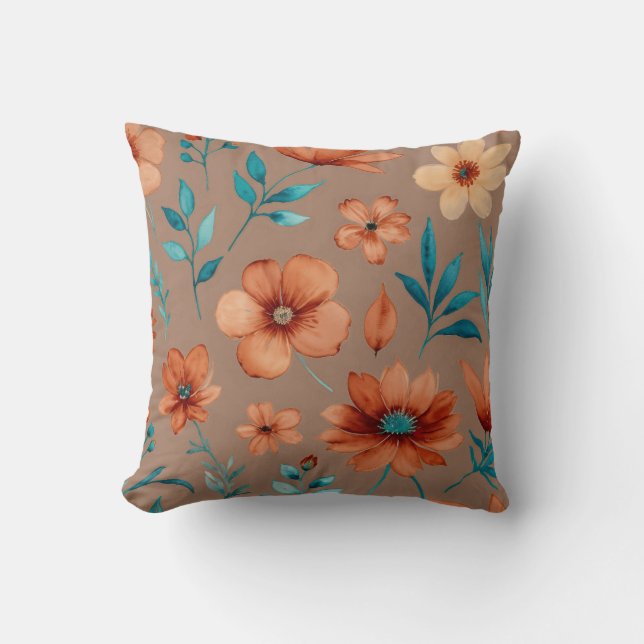 Coussin Fleurs beige, turquoise, rouge et rouille (Recto)