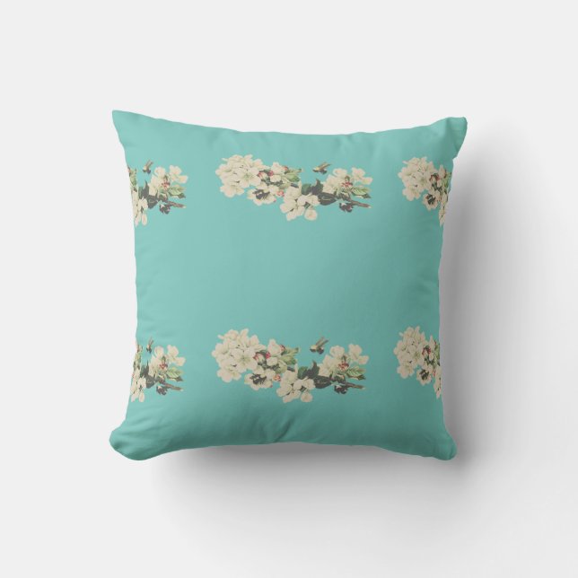 Coussin Fleurs blanches avec abeilles Turquoises (Recto)