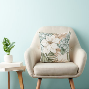 Coussin Fleurs Blanches Bleues Tropicales  
