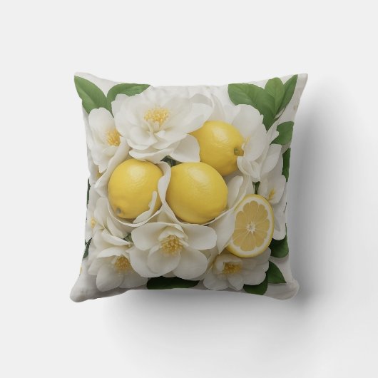 Coussin Fleurs blanches, citrons et feuilles vertes sur fo (Verso)