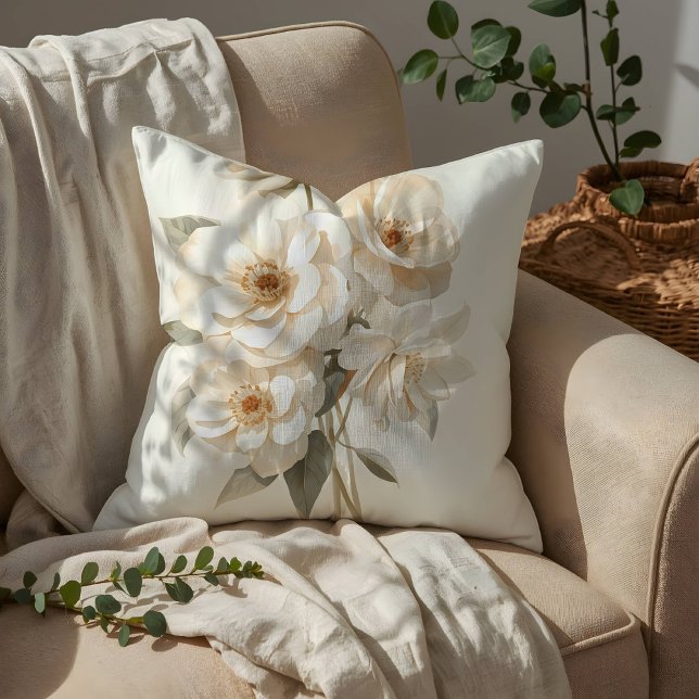 Coussin Fleurs blanches délicates à l'aquarelle botanique (Créateur téléchargé)