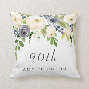 Coussin Fleurs blanches et marines Beau cadeau 90e anniver