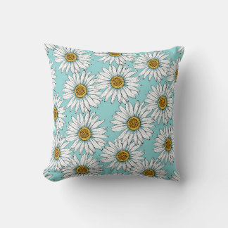 Coussin Fleurs blanches marguerites sur Pat vintage bleu s