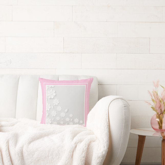 Coussin Fleurs blanches modernes sur fond rose (Canapé)