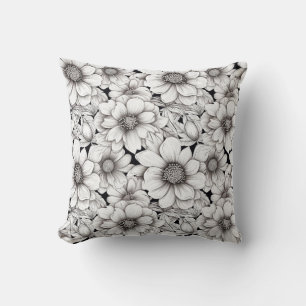 Coussin Fleurs blanches noires Jardin neutre Botanique