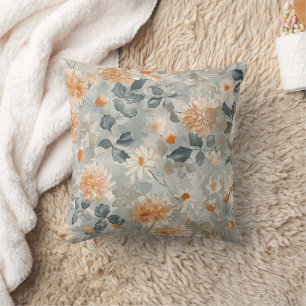 Coussin Fleurs blanches orange feuilles bleues