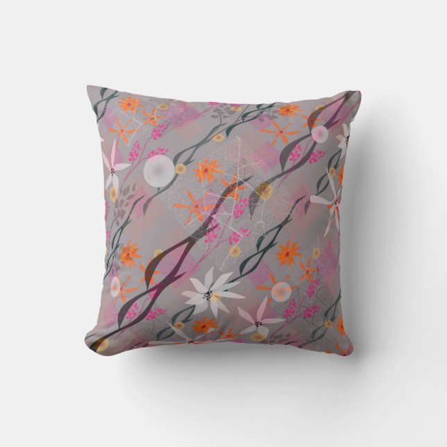 Coussin Fleurs blanches, roses, orange sur gris (Recto)