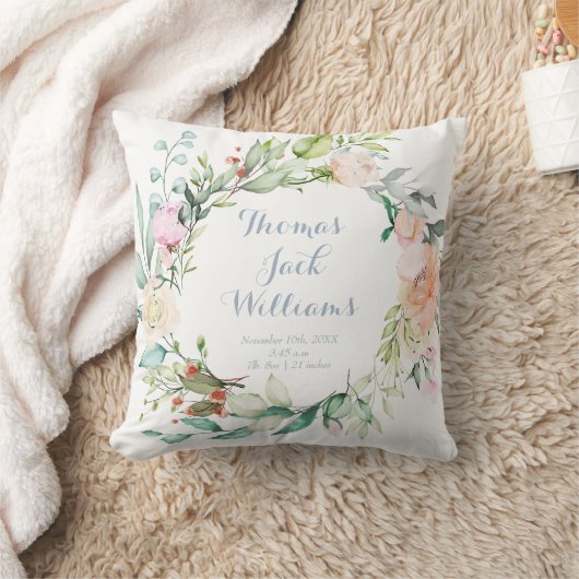 Coussin Fleurs Bleu Monogramme Statistiques de Naissance N (Couverture)