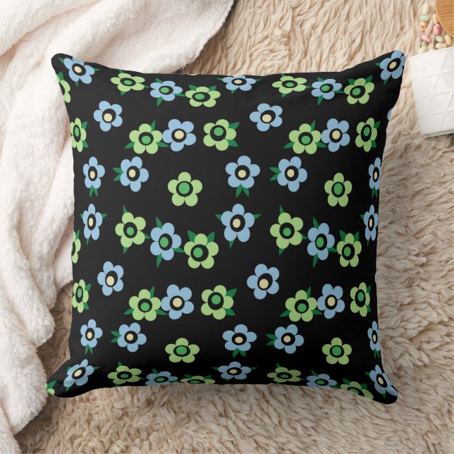 Coussin Fleurs bleu-vert sur fond noir rétro (Couverture)