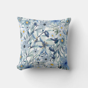 Coussin Fleurs Bleues Art Floral Aquarelle