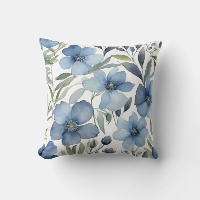 Coussin Fleurs Bleues Art Floral Design Aquarelles (Recto)