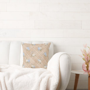 Coussin Fleurs Bleues Blanches Beige