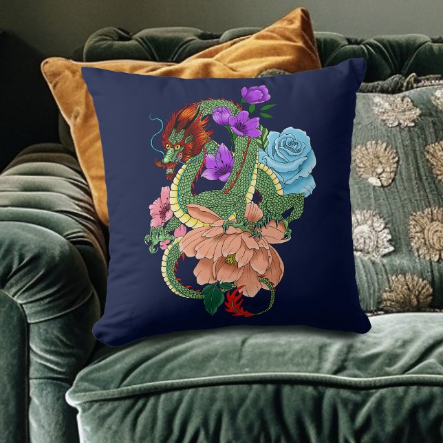 Coussin Fleurs bleues chinoises de la marine Dragon (Créateur téléchargé)