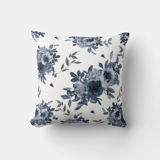 Coussin Fleurs bleues de la Marine sur blanc (Recto)