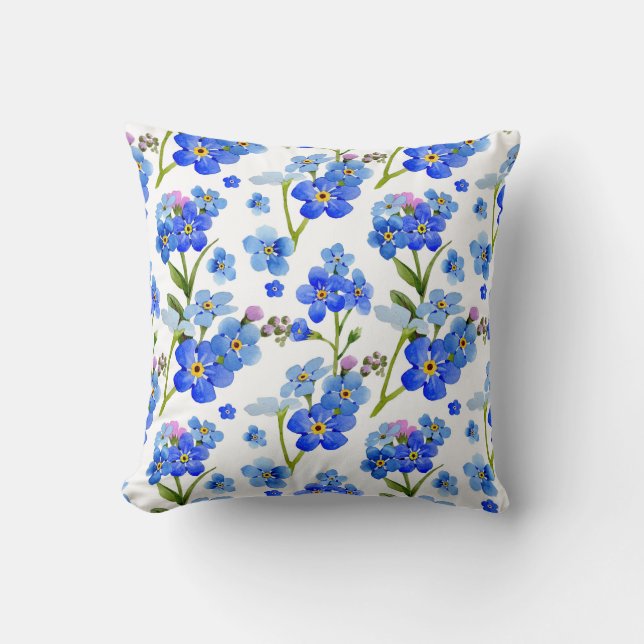 Coussin Fleurs bleues de myosotis d'aquarelle (Recto)