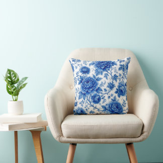 Coussin Fleurs bleues délavées Roses Pivoines Bleu de coba