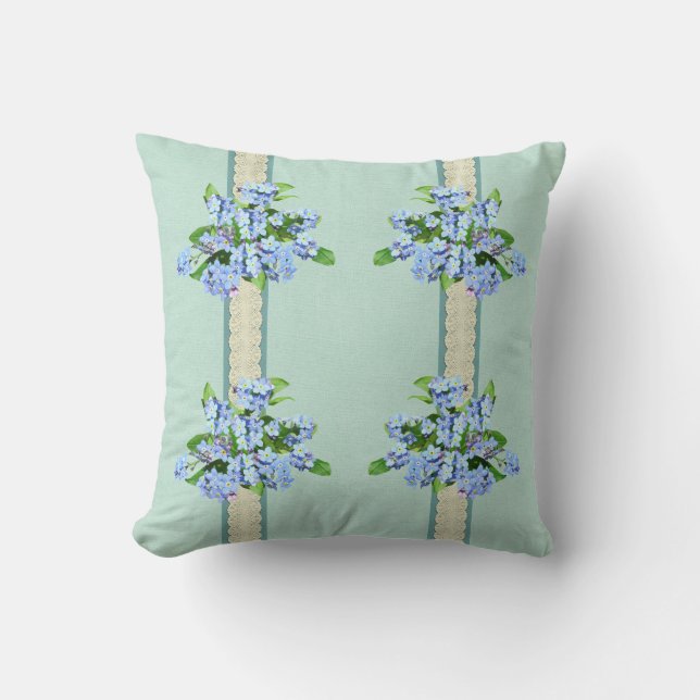 Coussin Fleurs Bleues et Dentelle Réversible Campagne (Recto)