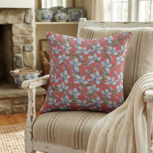 Coussin Fleurs bleues et feuilles vertes de style vintage