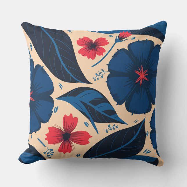 Coussin Fleurs bleues et rouges, avec Feuilles bleu foncé (Recto)