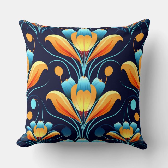 Coussin Fleurs bleues orange Art Déco (Recto)