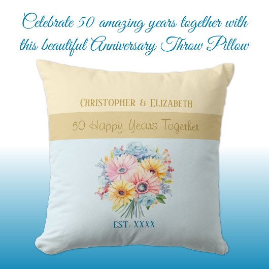 Coussin Fleurs bleues pour 50e anniversaire de mariage