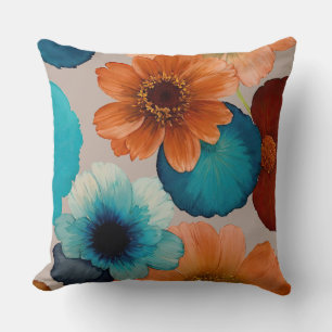 Coussin Fleurs Boho bleu turquoise, rouge, rouille et bron