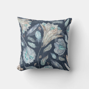 Coussin Fleurs Boho Chic : Aquarelle bleu foncé P