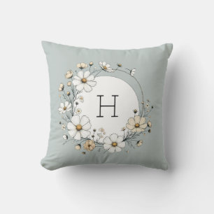 Coussin Fleurs Boho Monogramme Vert Sauge Personnalisées