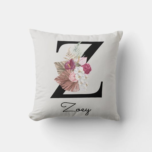 Coussin Fleurs Boho Rose Monogrammées Initiale Z (Recto)