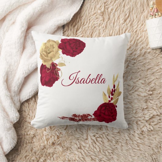 Coussin fleurs bordeaux et feuilles dorées blanches (Couverture)