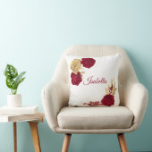 Coussin fleurs bordeaux et feuilles dorées blanches (Chaise)