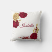 Coussin fleurs bordeaux et feuilles dorées blanches (Recto)