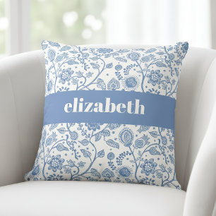 Coussin Fleurs botaniques bleues et blanches Nom personnal