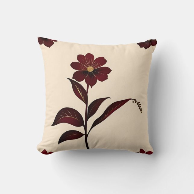 Coussin Fleurs botaniques bordeaux avec or (Recto)