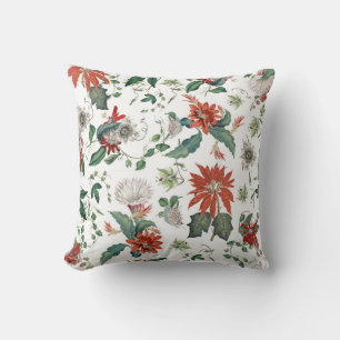 Coussin Fleurs botaniques festives rouges feuilles vertes