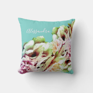 Coussin Fleurs botaniques pastel bleu rose jaune personnal
