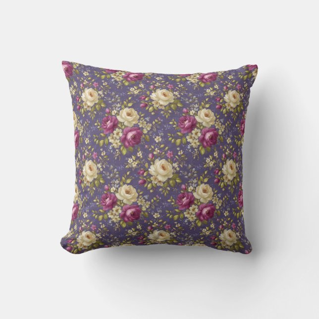 Coussin Fleurs Botaniques Vintage Pourpre & Crème (Recto)